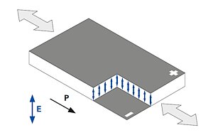 Shear displacement of the DuraAct Shear patch transducers, P: polarization direction, E: electric field